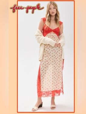 NWT Free People Suddenly Fine Floral Lace Maxi Slip Dress Nightgown Tea Combo XS